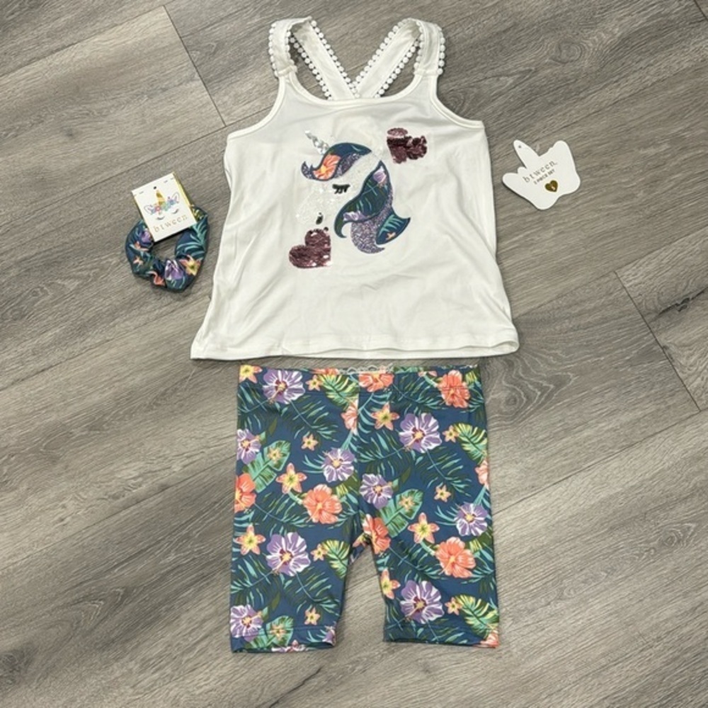 Girls Size 5 Unicorn Cute Matching Set Shorts and Tank Top Scrunchie btween